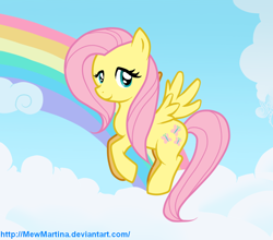 Size: 820x720 | Tagged: safe, artist:churobu, imported from derpibooru, fluttershy, pegasus, pony, eyelashes, female, flying, mare, outdoors, rainbow, solo