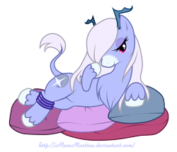 Size: 1800x1550 | Tagged: safe, artist:churobu, imported from derpibooru, oc, oc only, oc:moon sparkle, deer, unideer, bedroom eyes, chest fluff, draw me like one of your french girls, female, leonine tail, mare, pillow, simple background, tail, transparent background, unshorn fetlocks