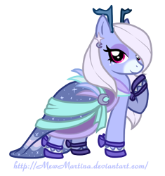 Size: 400x426 | Tagged: safe, artist:churobu, imported from derpibooru, oc, oc only, oc:snow sparkle, deer, unideer, bedroom eyes, clothes, dress, ear piercing, eyelashes, female, gala dress, mare, piercing, raised hoof, simple background, smiling, transparent background