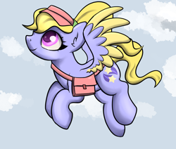 Size: 2600x2200 | Tagged: safe, artist:dumbwoofer, imported from derpibooru, pegasus, pony, spoiler:g5, spoiler:my little pony: tell your tale, spoiler:tyts01e02, adorafifi, bag, cap, cloud, colored wings, cute, female, fifi (g5), flying, full body, g4, g5, g5 to g4, generation leap, hat, mare, my little pony: tell your tale, satchel, sky, smiling, solo, spread wings, tail, wings, zipp's flight school