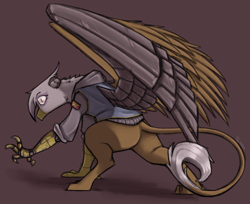 Size: 1596x1301 | Tagged: safe, artist:sinrar, imported from derpibooru, gilda, cyborg, griffon, amputee, artificial wings, augmented, brown fur, claws, clothes, jacket, prosthetic limb, prosthetic wing, prosthetics, simple background, slit pupils, solo, tail, talons, varsity jacket, wings