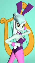 Size: 900x1600 | Tagged: safe, artist:oatmeal!, imported from derpibooru, lyra heartstrings, human, equestria girls, 3d, arm behind head, ass, breasts, bunny ears, bunny suit, butt, clothes, costume, cutie mark background, easter, female, gmod, hand on waist, holiday, leotard, looking back, playboy bunny, rear view, sexy, smiling, solo, wide eyes