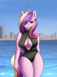 Size: 1400x1900 | Tagged: safe, artist:zachc, imported from derpibooru, princess cadance, alicorn, anthro, absolute cleavage, arm behind back, beach, big breasts, boob window, breasts, busty princess cadance, cleavage, clothes, curly hair, eyelashes, eyeshadow, female, folded wings, horn, makeup, multicolored hair, one-piece swimsuit, sexy, skyline, solo, stupid sexy princess cadance, swimsuit, wings