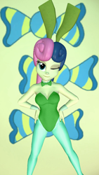 Size: 900x1600 | Tagged: safe, artist:oatmeal!, imported from derpibooru, bon bon, sweetie drops, human, equestria girls, 3d, bowtie, breasts, bunny ears, bunny suit, busty bon bon, clothes, cuffs (clothes), cutie mark, cutie mark background, easter, gmod, hand on hip, holiday, leotard, looking at you, one eye closed, pantyhose, playboy bunny, sexy, simple background, solo, spread legs, spreading, wink, winking at you