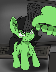 Size: 1113x1428 | Tagged: safe, artist:reddthebat, imported from derpibooru, oc, oc:anon, oc:filly anon, earth pony, pony, chest fluff, ear fluff, female, filly, foal, green coat, green eyes, gun, hand, handgun, keyboard, monitor, mousepad, pistol, smiling, threats will not work, weapon