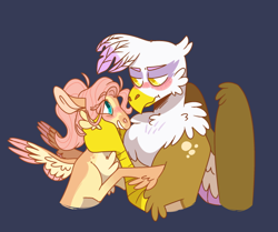 Size: 640x535 | Tagged: safe, artist:dozindoodles, imported from derpibooru, fluttershy, gilda, griffon, pegasus, pony, abstract background, beak, blushing, chest fluff, claws, cute, eye clipping through hair, eyebrows, eyebrows visible through hair, eyelashes, female, gildadorable, gildashy, lesbian, looking at each other, looking at someone, mare, shipping, shyabetes, spread wings, wings