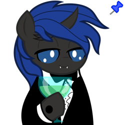 Size: 2048x2048 | Tagged: safe, artist:dtavs.exe, editor:linuxpony, imported from ponybooru, oc, oc only, oc:swift dawn, changeling, acres avatar, based, blue changeling, bowtie, changeling oc, cheers, clothes, drink, fangs, glass, looking at you, male, mountain dew, pinned, ponybooru exclusive, simple background, solo, suit, transparent background, wine glass