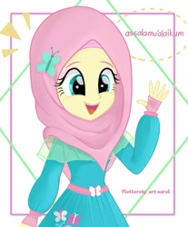 Size: 991x1199 | Tagged: safe, artist:fluttershy_art.nurul, imported from derpibooru, fluttershy, equestria girls, equestria girls series, clothes, cute, cutie mark, cutie mark on clothes, female, hairpin, hijab, islam, islamashy, religion, shyabetes, solo