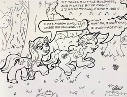 Size: 3762x2877 | Tagged: safe, artist:jamestkelley, imported from derpibooru, izzy moonbow, sunny starscout, earth pony, pony, unicorn, bouncing, centaurworld, forest, g5, monochrome, signature, singing, speech bubble, traditional art, voice actor joke