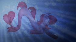 Size: 1413x792 | Tagged: safe, artist:tanahgrogot, imported from derpibooru, oc, oc:annisa trihapsari, earth pony, seapony (g4), aelita schaeffer, blue background, bubble, code lyoko, crepuscular rays, dorsal fin, female, fish tail, flowing tail, mare, ocean, seaponified, signature, simple background, solo, species swap, sunlight, swimming, tail, underwater, water