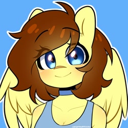 Size: 1000x1000 | Tagged: safe, artist:cottonsweets, imported from derpibooru, oc, oc only, oc:lucy harmony, anthro, pegasus, blue background, bust, clothes, commission, cute, eye clipping through hair, female, looking at you, mare, ocbetes, simple background, smiling, smiling at you, solo, wings