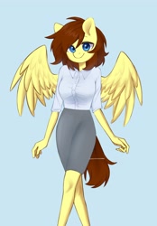 Size: 2643x3789 | Tagged: safe, artist:cottonsweets, imported from derpibooru, oc, oc only, oc:lucy harmony, anthro, pegasus, blue background, clothes, commission, cute, female, looking at you, mare, ocbetes, simple background, skirt, solo, wings