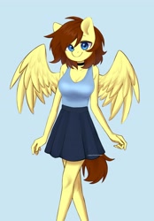 Size: 2643x3789 | Tagged: safe, artist:cottonsweets, imported from derpibooru, oc, oc only, oc:lucy harmony, anthro, pegasus, blue background, clothes, commission, cute, dress, female, looking at you, mare, ocbetes, simple background, skirt, solo, wings