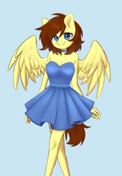 Size: 2643x3789 | Tagged: safe, artist:cottonsweets, imported from derpibooru, oc, oc only, oc:lucy harmony, anthro, pegasus, blue background, clothes, commission, cute, dress, female, looking at you, mare, ocbetes, simple background, solo, wings