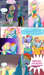 Size: 1512x2592 | Tagged: safe, artist:umbreonvevo, imported from derpibooru, bow hothoof, fluttershy, rainbow dash, windy whistles, anthro, pegasus, blushing, clothes, comic, cute, equestria girls outfit, fathers gonna father, female, flutterdash, kissing, lesbian, lesbian couple, lesbian pride flag, male, mothers gonna mother, pride, pride flag, shipping, shyabetes, supportive parent