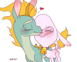 Size: 1316x1075 | Tagged: safe, artist:hyakuen, imported from derpibooru, dragon, hybrid, lamb, longma, sheep, them's fightin' herds, adorapom, bell, bell collar, blushing, butt blush, collar, community related, crying, cute, duo, ear blush, eyes closed, female, heart, interspecies, kiss on the lips, kissing, lesbian, pom (tfh), pomhuo, shipping, simple background, tears of joy, tianhuo (tfh), white background