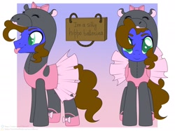 Size: 2048x1530 | Tagged: safe, alternate version, artist:elberas, imported from derpibooru, oc, oc:silly scribe, earth pony, hippopotamus, pony, :p, animal costume, ballerina, ballet, clothes, costume, crossdressing, cute, earth pony oc, male, ocbetes, sign, silly, silly pony, tongue out, tutu