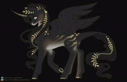 Size: 3100x2000 | Tagged: safe, artist:elberas, imported from derpibooru, oc, oc only, alicorn, pony, alicorn oc, black background, horn, laurel wreath, raised hoof, simple background, slim, solo, wings