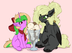 Size: 4000x2976 | Tagged: safe, artist:witchtaunter, imported from derpibooru, oc, oc only, oc:sparkly breeze, oc:veen sundown, pegasus, pony, unicorn, bow, chest fluff, clothes, drink, drinking, drinking straw, duo, ear fluff, ear piercing, female, food, hair bow, high res, ice cream, mare, milkshake, piercing, scarf, sharing, sharing a drink, simple background, size difference, sundown clan, wing piercing, wings