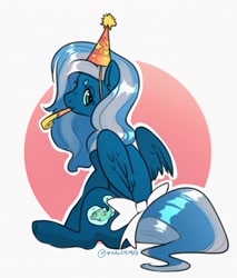 Size: 2742x3221 | Tagged: safe, artist:opalacorn, imported from derpibooru, oc, oc only, pegasus, pony, beanbrows, bow, eyebrows, hat, party hat, party horn, solo, tail, tail bow