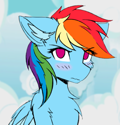 Size: 799x829 | Tagged: safe, artist:lunar froxy, color edit, edit, editor:maonyman, imported from derpibooru, rainbow dash, pegasus, pony, blushing, bust, chest fluff, colored, colored wings, cute, dashabetes, ear fluff, female, floppy ears, looking at you, mare, screencap background, solo, tsunderainbow, tsundere, two toned wings, wings