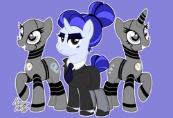 Size: 2048x1389 | Tagged: safe, artist:mommymidday, imported from derpibooru, oc, oc only, oc:madame cobalt, earth pony, pony, robot, robot pony, unicorn, business suit, businessmare, clothes, hair bun, necktie, raised hoof, shoes, show accurate, skirt, snooty, suit, tail, tail bun