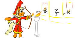 Size: 1024x631 | Tagged: safe, artist:horsesplease, imported from derpibooru, applejack, archery, arrow, bipedal, clothes, defeated, doodle, fire, flaming arrow, invader, robes, scythian, solo, torch, z, z (military symbol)