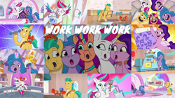 Size: 1280x720 | Tagged: safe, edit, edited screencap, editor:quoterific, imported from derpibooru, screencap, hitch trailblazer, izzy moonbow, pipp petals, sunny starscout, zipp storm, bird, crab, earth pony, pegasus, pony, seagull, unicorn, spoiler:g5, spoiler:my little pony: tell your tale, spoiler:tyts01e01, :o, a home to share, bipedal, eyes closed, female, flying, g5, male, mane five (g5), mare, mcsnips-a-lot, my little pony: tell your tale, open mouth, open smile, smiling, spread wings, stallion, text, wings, work work work