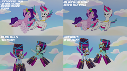 Size: 1280x720 | Tagged: safe, edit, edited screencap, editor:quoterific, imported from derpibooru, screencap, pipp petals, zipp storm, pegasus, pony, spoiler:g5, spoiler:my little pony: tell your tale, spoiler:tyts01e03, female, flying, g5, guardsmare, male, mare, my little pony: tell your tale, nose in the air, open mouth, open smile, pegasus royal guard, royal guard, royal sisters (g5), siblings, sisters, sisters take flight, smiling, spread wings, stallion, text, thunder flap, wings, zoom zephyrwing