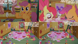 Size: 1280x720 | Tagged: safe, edit, edited screencap, editor:quoterific, imported from derpibooru, screencap, apple bloom, scootaloo, sweetie belle, earth pony, pegasus, pony, unicorn, hearts and hooves day (episode), season 2, apple bloom's bow, bloom butt, bow, butt, clubhouse, crusaders clubhouse, cutie mark crusaders, eyes closed, female, filly, foal, hair bow, implied cheerilee, open mouth, open smile, plot, smiling, spread wings, text, trio, wings