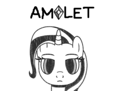 Size: 1200x892 | Tagged: safe, artist:horses are fuckin weird, imported from derpibooru, trixie, pony, unicorn, alicorn amulet, alternate universe, amulet, animated, black and white, blank expression, blank stare, crossover, female, frame by frame, gif, grayscale, jewelry, looking at you, mare, monochrome, omori, simple background, solo, squigglevision, text, white background