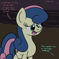 Size: 2000x2000 | Tagged: safe, artist:dafiltafish, imported from derpibooru, bon bon, sweetie drops, earth pony, pony, comic:day by day, beach, comic, dialogue, female, frown, high res, implied lyra, mare, night, ocean, offscreen character, open mouth, outdoors, solo, speech bubble, tail, talking, water