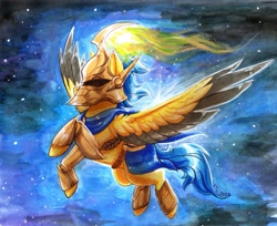 Size: 2062x1681 | Tagged: safe, artist:sn0wy18, imported from derpibooru, pegasus, pony, armor, commission, crossover, flying, helmet, league of legends, solo, spread wings, wings