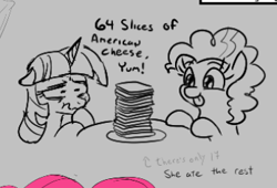 Size: 348x236 | Tagged: safe, artist:jargon scott, imported from derpibooru, pinkie pie, twilight sparkle, earth pony, pony, unicorn, 64 slices of american cheese, american cheese, cheese, duo, female, food, gray background, mare, simple background, sketch, sliced cheese, the simpsons, tongue out, wavy mouth