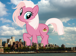 Size: 1200x898 | Tagged: safe, artist:cheezedoodle96, artist:thegiantponyfan, edit, imported from derpibooru, fuchsia frost, earth pony, pony, brooklyn, female, friendship student, giant pony, giant/macro earth pony, giantess, highrise ponies, irl, looking at you, macro, mare, mega giant, new york, photo, ponies in real life, raised hoof, smiling, smiling at you, standing on two hooves, story included