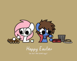 Size: 1200x960 | Tagged: safe, artist:sugar morning, imported from derpibooru, oc, oc only, oc:bizarre song, oc:sugar morning, animated, brush, cape, clothes, cooking, couple, cute, easter, easter egg, egg, female, frying pan, gif, happy easter, holiday, male, oc x oc, ocbetes, omelette, painting, shipping, simple background, stove, straight, sugarre, text, trash can