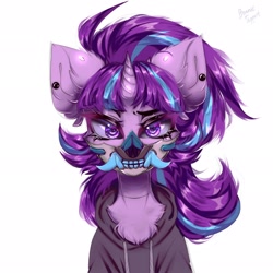 Size: 2048x2048 | Tagged: dead source, safe, artist:hydrargyrum, imported from derpibooru, starlight glimmer, pony, unicorn, clothes, collaboration, collaboration:choose your starlight, ear piercing, earring, hoodie, horn, jewelry, mask, piercing, purple eyes, simple background, solo, white background