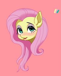 Size: 1285x1600 | Tagged: safe, artist:zzugguri, imported from derpibooru, fluttershy, pegasus, pony, blushing, eyelashes, eyeshadow, green eyes, head only, makeup, pink background, pink hair, simple background, solo, yellow coat
