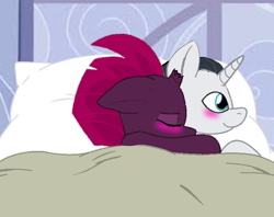 Size: 3787x2993 | Tagged: safe, artist:decokenite, imported from derpibooru, chancellor neighsay, fizzlepop berrytwist, tempest shadow, pony, unicorn, base used, bed, blushing, broken horn, ears back, eyes closed, female, horn, hug, hug from behind, hugging a pony, makeup, male, mare, room, shipping, sleeping, smiling, stallion, straight, tempest neighsay, wide eyes