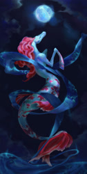 Size: 1920x3812 | Tagged: safe, artist:aterfox, imported from derpibooru, oc, oc only, hybrid, merpony, seahorse, seapony (g4), beautiful, cloud, dorsal fin, fins, fish tail, flowing tail, looking up, moon, moonlight, night, ocean, red mane, sketch, solo, tail, water