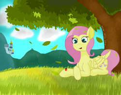 Size: 3800x3000 | Tagged: safe, artist:galaxymike, imported from derpibooru, fluttershy, insect, ladybug, pegasus, pony, blue eyes, canterlot, crossed hooves, folded wings, grass, leaves, lying down, pink mane, prone, solo, tree, wings, yellow coat