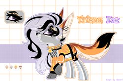 Size: 3800x2500 | Tagged: safe, artist:henori_artist, imported from derpibooru, oc, oc only, fox, fox pony, hybrid, pony, base used, clothes, countershading, ear piercing, eyelashes, female, grin, mare, piercing, raised hoof, reference sheet, smiling, solo