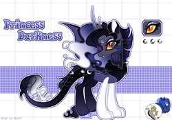 Size: 2100x1460 | Tagged: safe, artist:henori_artist, imported from derpibooru, discord, princess luna, oc, alicorn, draconequus, hybrid, pony, alicorn oc, base used, eye clipping through hair, eyebrows, eyebrows visible through hair, eyelashes, fangs, female, hoof polish, horn, interspecies offspring, mare, offspring, parent:discord, parent:princess luna, parents:lunacord, reference sheet, signature, smiling, solo, wings