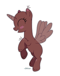 Size: 1344x1698 | Tagged: safe, artist:dillice, imported from derpibooru, oc, oc only, alicorn, pony, ^^, alicorn oc, bald, base, blush sticker, blushing, eyelashes, eyes closed, female, full body, hooves, horn, mare, open mouth, open smile, rearing, signature, simple background, smiling, solo, spread wings, transparent background, wings