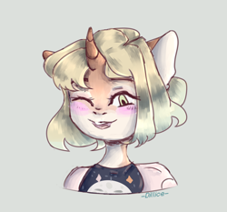 Size: 1900x1774 | Tagged: safe, artist:dillice, imported from derpibooru, oc, oc only, anthro, unicorn, blushing, clothes, female, horn, mare, one eye closed, simple background, smiling, solo, unicorn oc, wink