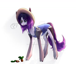 Size: 1280x1070 | Tagged: safe, artist:meggychocolatka, imported from derpibooru, oc, oc only, earth pony, pony, deviantart watermark, earth pony oc, female, hat, mare, obtrusive watermark, question mark, simple background, solo, tattoo, watermark, white background