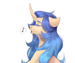 Size: 1280x1069 | Tagged: safe, artist:meggychocolatka, imported from derpibooru, oc, oc only, pony, unicorn, bust, deviantart watermark, eyelashes, eyes closed, female, horn, mare, music notes, obtrusive watermark, pictogram, simple background, solo, unicorn oc, watermark, white background