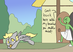 Size: 1414x1000 | Tagged: safe, alternate version, artist:happy harvey, imported from derpibooru, derpy hooves, oc, oc:anon, human, pegasus, pony, bush, clothes, cute, dialogue, dirt road, door, doorway, drawthread, fist, fleeing, food, grass, house, looking back, muffin, muffin thief, open door, path, phone drawing, running, shaking, slippers, spread wings, stealing, thief, towel, towel around waist, tree, window, wings, yelling