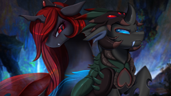 Size: 2920x1642 | Tagged: safe, artist:pridark, imported from derpibooru, oc, oc only, changeling, changeling queen, changeling armor, fanfic art, female, red changeling