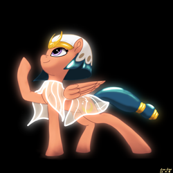 Size: 4096x4096 | Tagged: safe, artist:leoliu0491, imported from derpibooru, somnambula, pegasus, pony, absurd resolution, black background, egyptian, egyptian headdress, egyptian pony, female, folded wings, full body, hooves, mare, raised hoof, signature, simple background, smiling, solo, standing, tail, wings